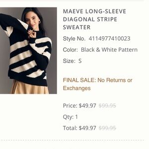 Anthropologie Black & White Diagonal Stripe Crew Sweater